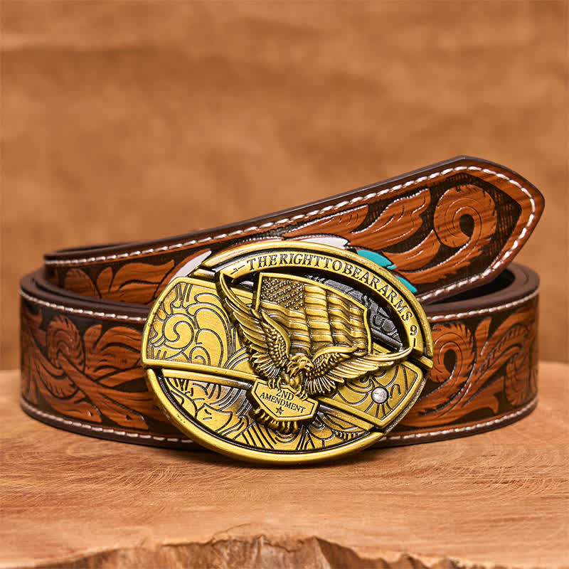 Cinturón de cuero con cuchillo plegable oculto con bandera de EE. UU. y águila de bronce para hombre - Águila - Cinturón de plumas marrones - 40 - image 10