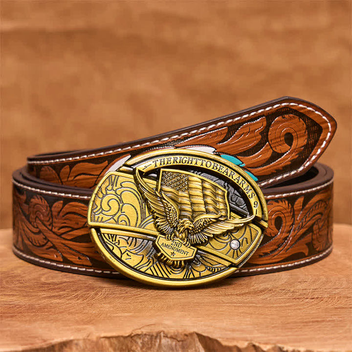 Cinturón de cuero con cuchillo plegable oculto con bandera de EE. UU. y águila de bronce para hombre - Águila - Cinturón de plumas marrones - 40 - image 10