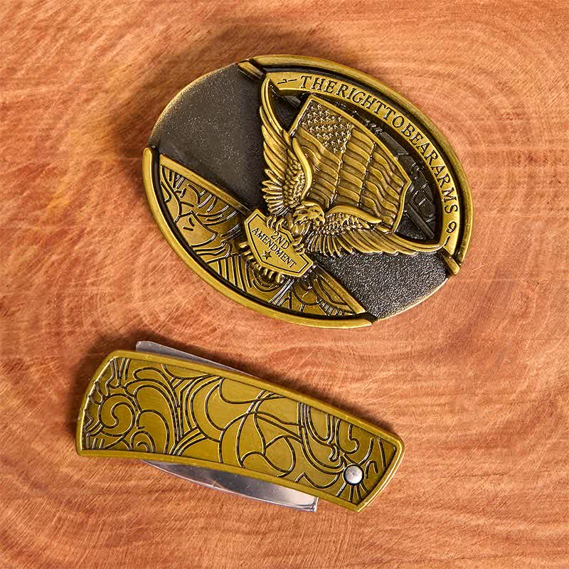 Cinturón de cuero con cuchillo plegable oculto con bandera de EE. UU. y águila de bronce para hombre - image 4