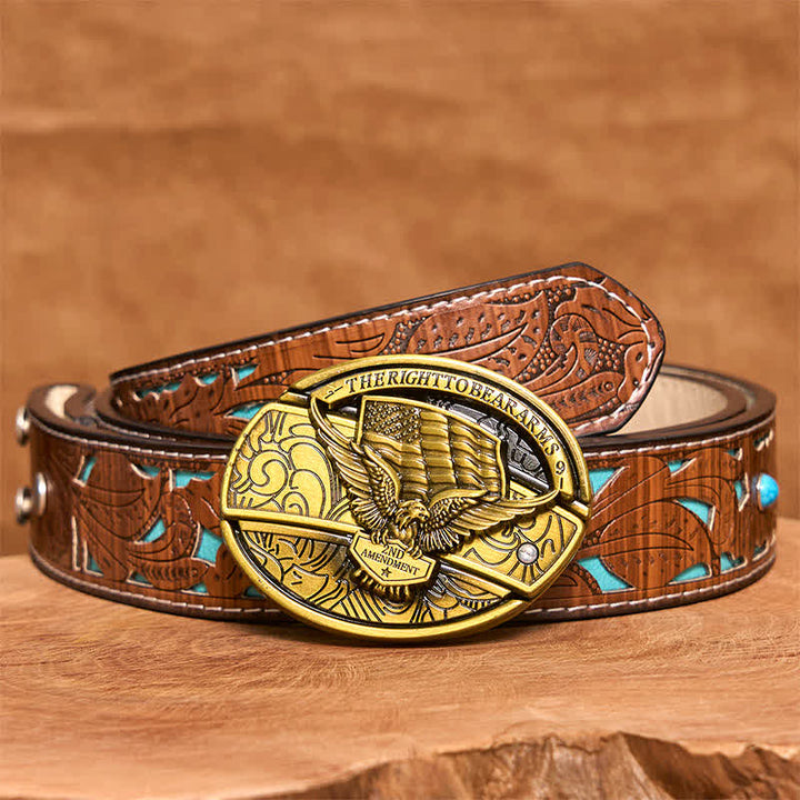 Cinturón de cuero con cuchillo plegable oculto con bandera de EE. UU. y águila de bronce para hombre - Águila - Cinturón tallado en turquesa - 42 - image 6