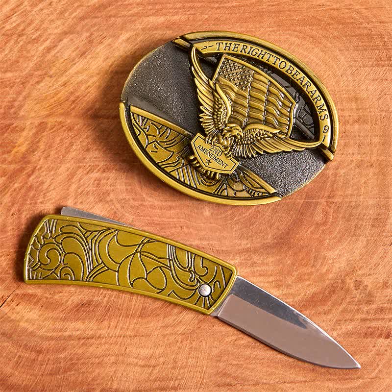 Cinturón de cuero con cuchillo plegable oculto con bandera de EE. UU. y águila de bronce para hombre - image 2