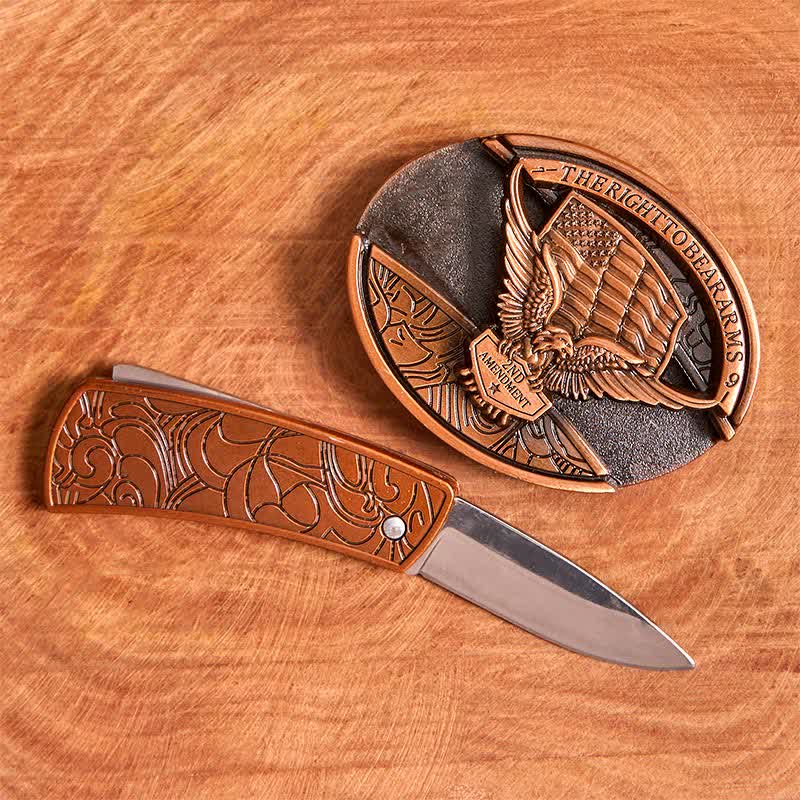 Cinturón de cuero con cuchillo plegable oculto con bandera de EE. UU. y águila de bronce rojo para hombre - image 2