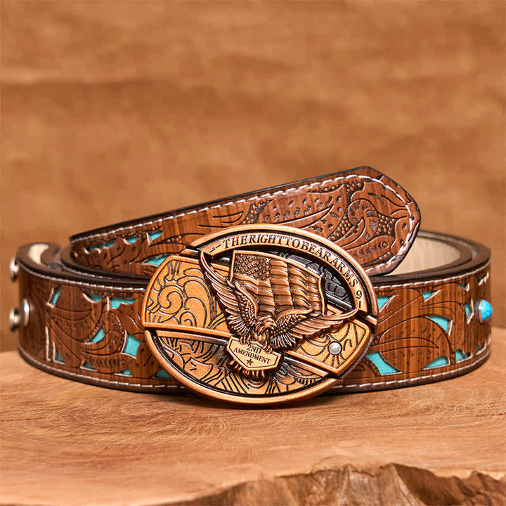 Cinturón de cuero con cuchillo plegable oculto con bandera de EE. UU. y águila de bronce rojo para hombre - Águila - Cinturón tallado en turquesa - 42 - image 6