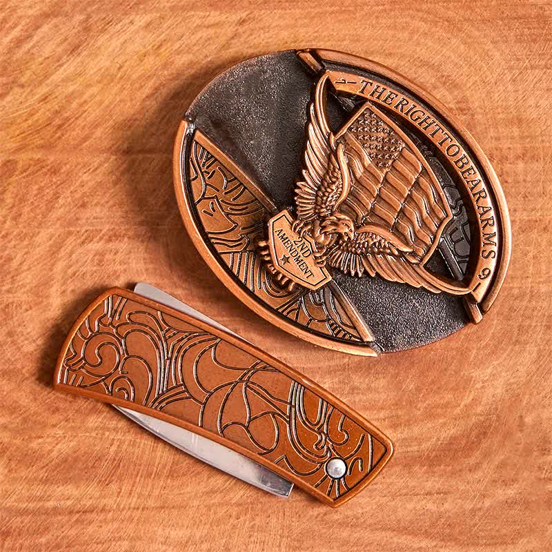 Cinturón de cuero con cuchillo plegable oculto con bandera de EE. UU. y águila de bronce rojo para hombre - image 4