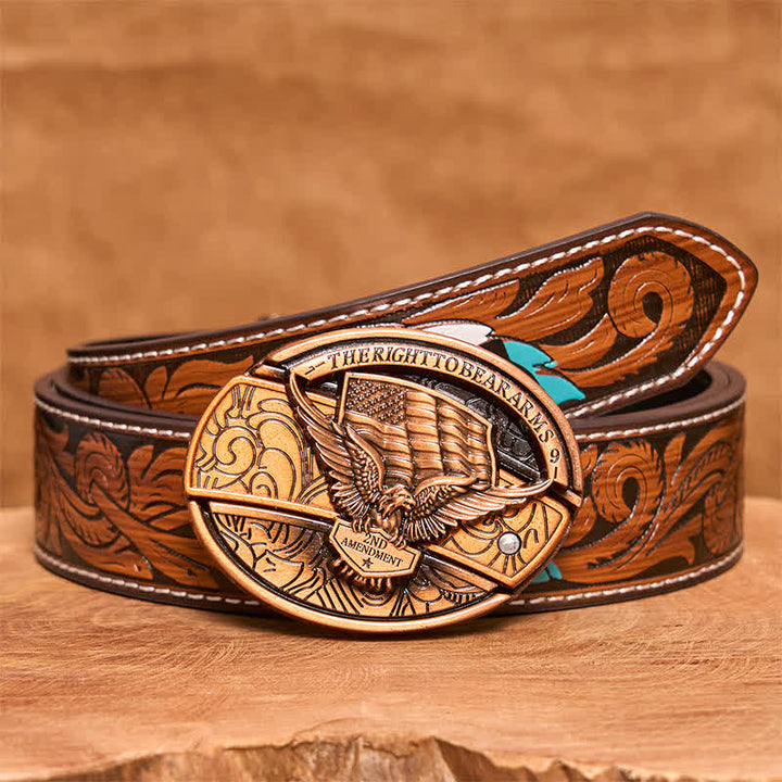 Cinturón de cuero con cuchillo plegable oculto con bandera de EE. UU. y águila de bronce rojo para hombre - Águila - Cinturón de plumas marrones - 40 - image 10