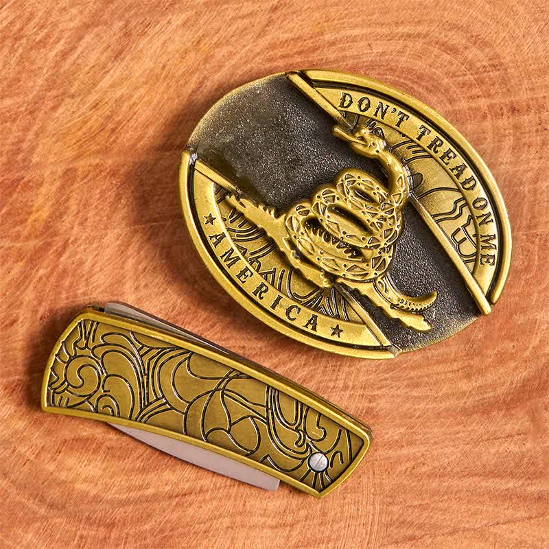 Cinturón de cuero con cuchillo plegable oculto de serpiente de bronce para hombre - image 4