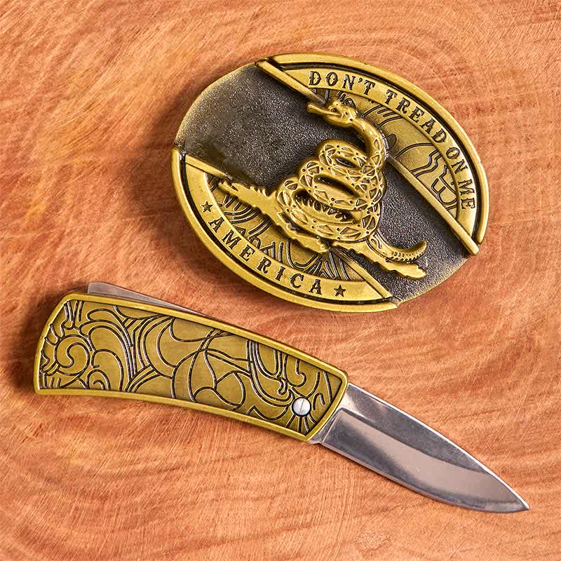 Cinturón de cuero con cuchillo plegable oculto de serpiente de bronce para hombre - image 2