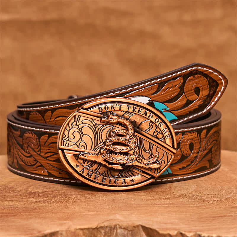 Cinturón de cuero con navaja plegable oculta de serpiente de bronce rojo para hombre - Serpiente - Cinturón de plumas marrones - 40 - image 10