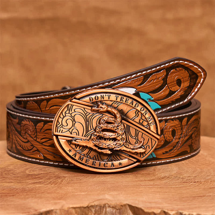 Cinturón de cuero con navaja plegable oculta de serpiente de bronce rojo para hombre - Serpiente - Cinturón de plumas marrones - 40 - image 10