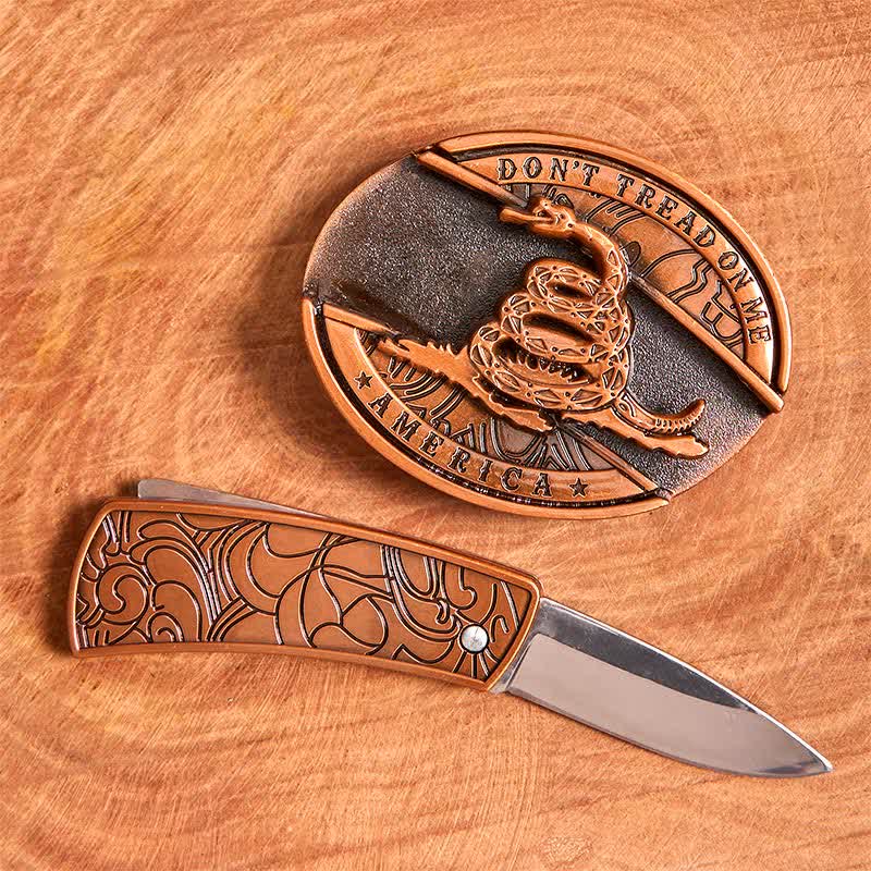 Cinturón de cuero con navaja plegable oculta de serpiente de bronce rojo para hombre - image 2