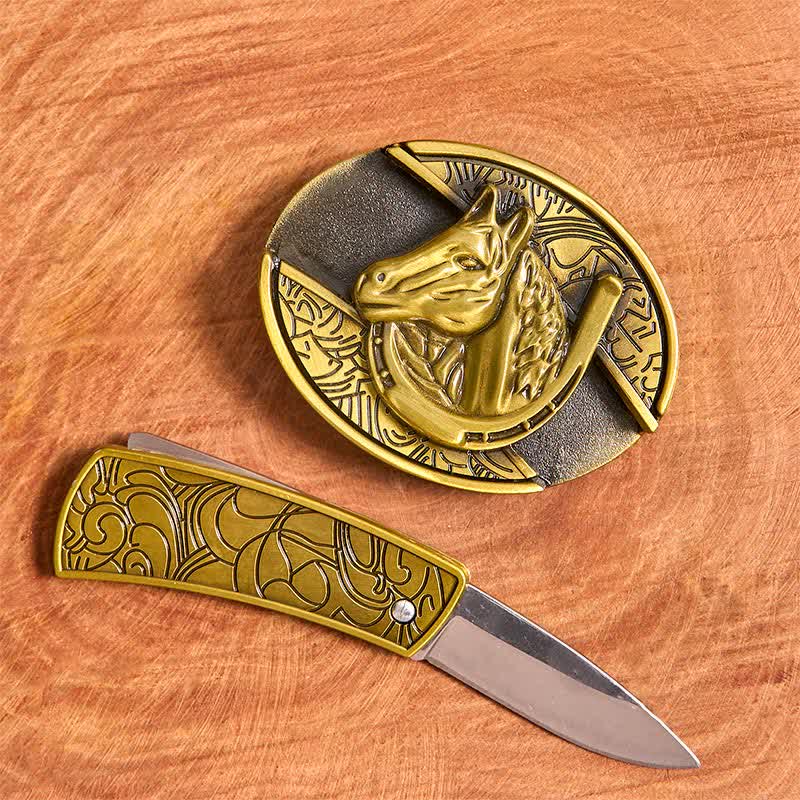 Cinturón de cuero con cuchillo plegable oculto con cabeza de caballo de bronce para hombre - image 2