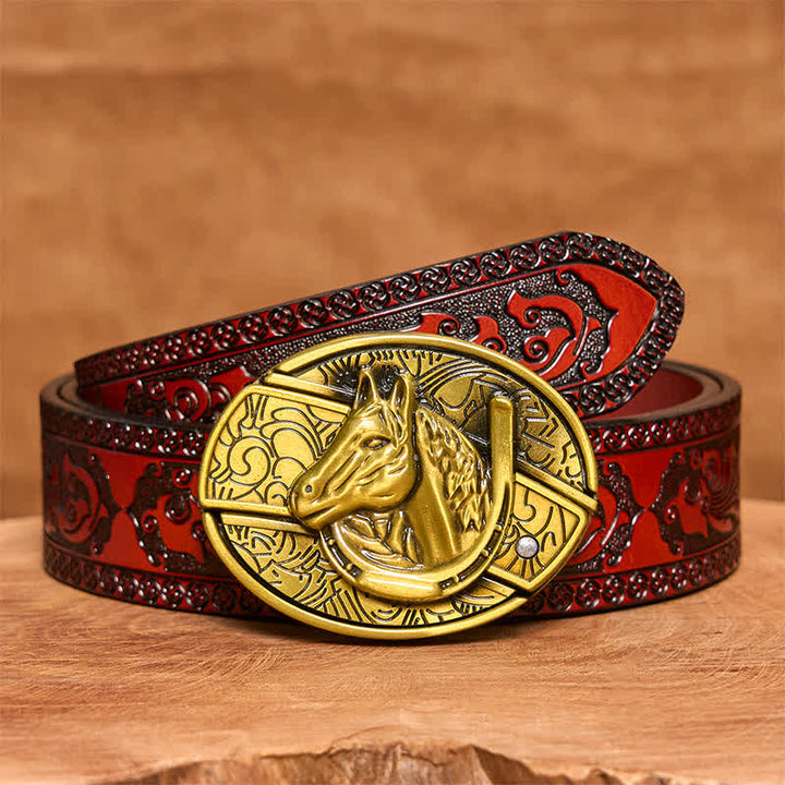 Cinturón de cuero con cuchillo plegable oculto con cabeza de caballo de bronce para hombre - Serpiente - Cinturón tallado marrón - 42 - image 8