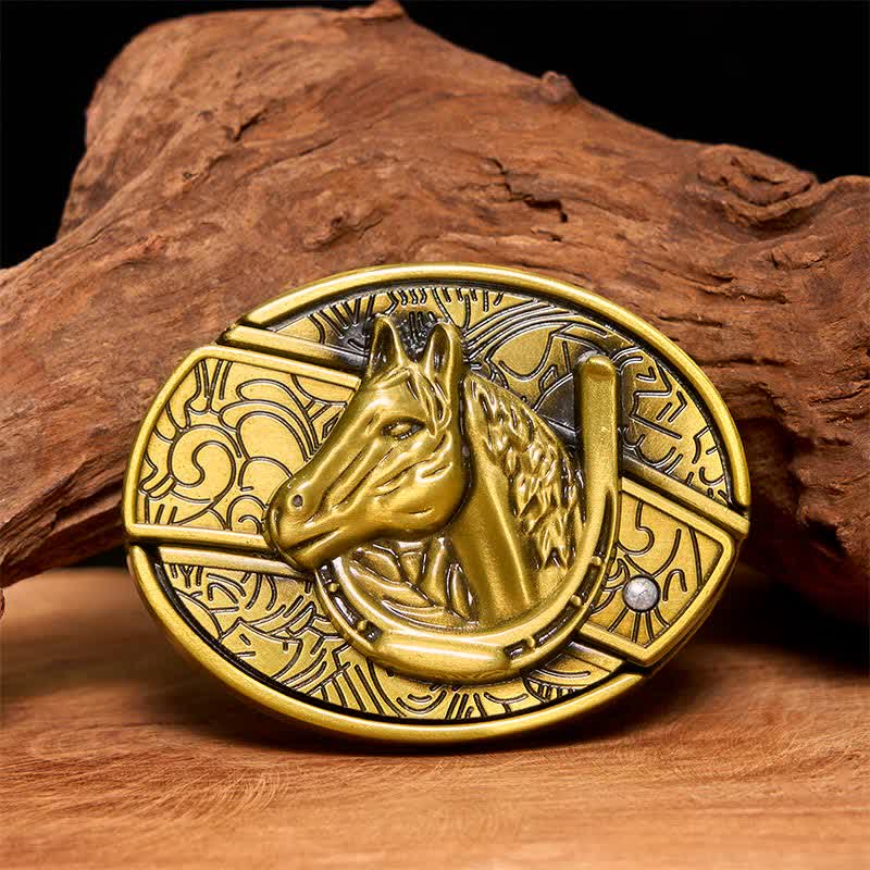 Cinturón de cuero con cuchillo plegable oculto con cabeza de caballo de bronce para hombre - Serpiente - Sin cinturón - Cinturón no incluido - image 1
