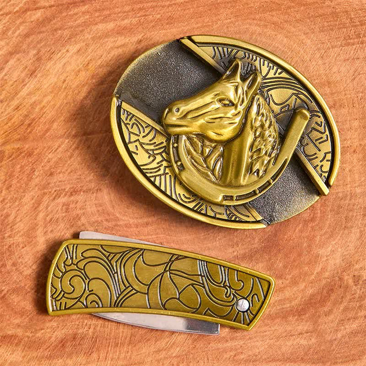 Cinturón de cuero con cuchillo plegable oculto con cabeza de caballo de bronce para hombre - image 4