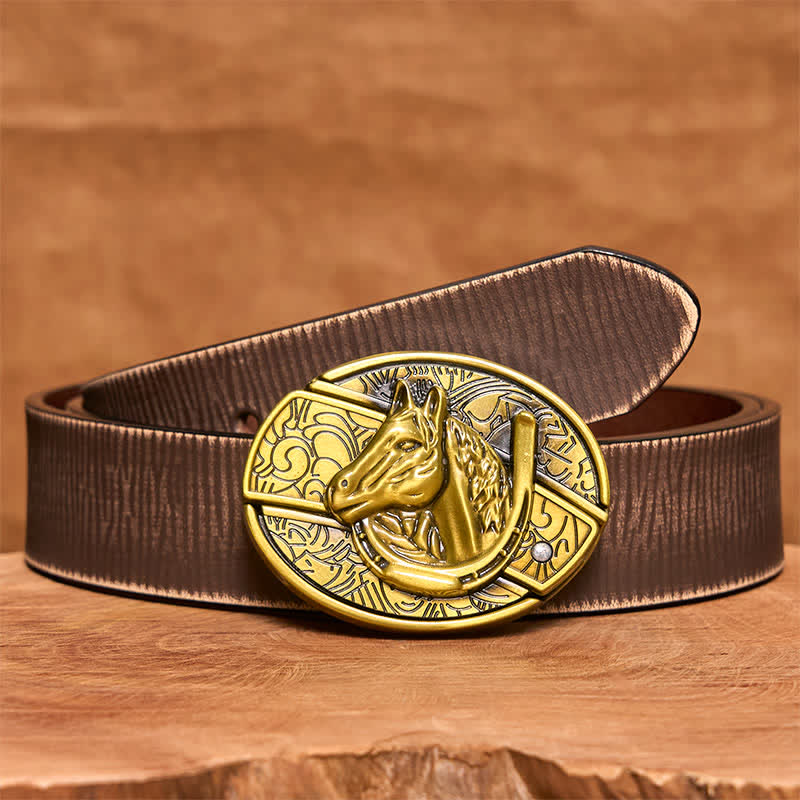 Cinturón de cuero con cuchillo plegable oculto con cabeza de caballo de bronce para hombre - Serpiente - Cinturón marrón desgastado - 42 - image 9