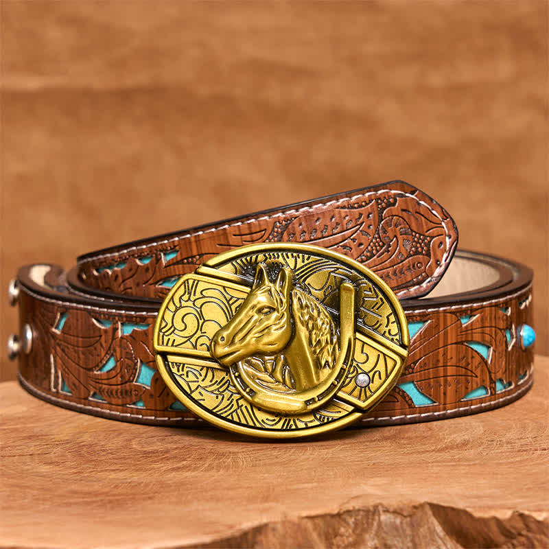 Cinturón de cuero con cuchillo plegable oculto con cabeza de caballo de bronce para hombre - Serpiente - Cinturón tallado en turquesa - 42 - image 6