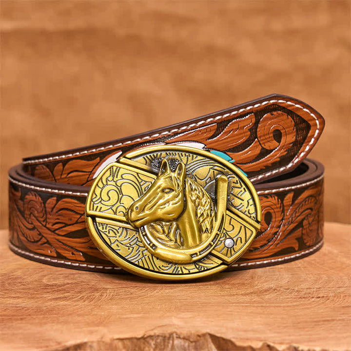 Cinturón de cuero con cuchillo plegable oculto con cabeza de caballo de bronce para hombre - Serpiente - Cinturón de plumas marrones - 40 - image 10