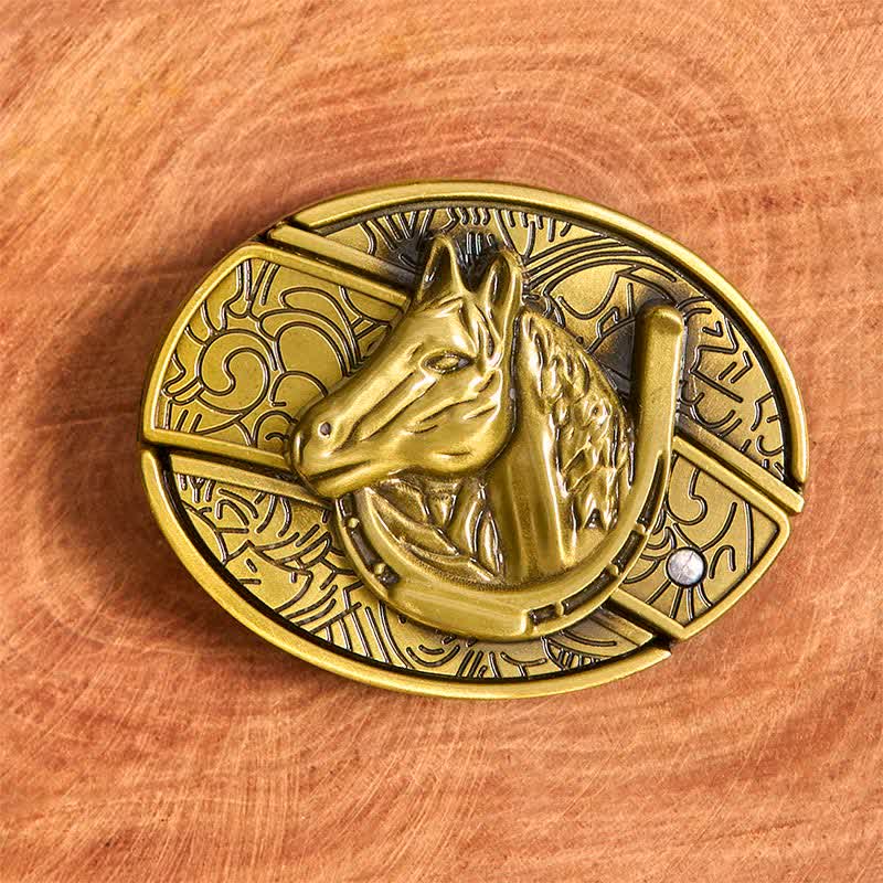 Cinturón de cuero con cuchillo plegable oculto con cabeza de caballo de bronce para hombre - image 3