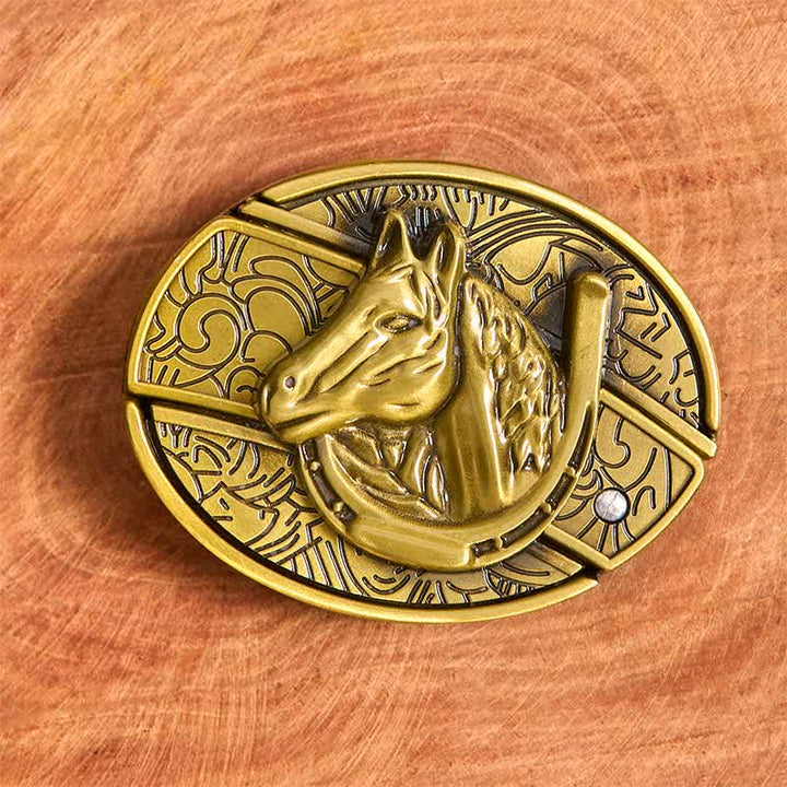Cinturón de cuero con cuchillo plegable oculto con cabeza de caballo de bronce para hombre - image 3