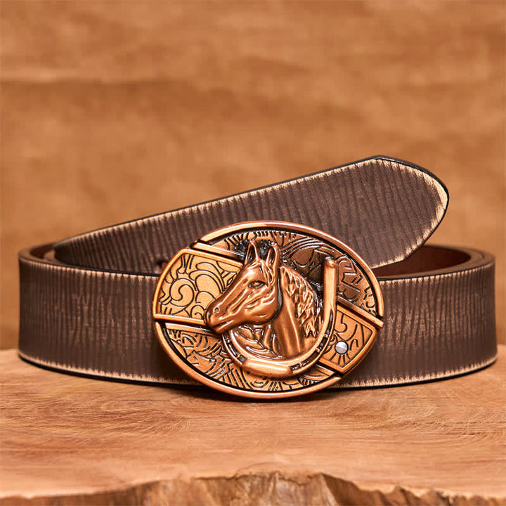 Cinturón de cuero con cuchillo plegable oculto con cabeza de caballo de bronce rojo para hombre - Serpiente - Cinturón marrón desgastado - 42 - image 9