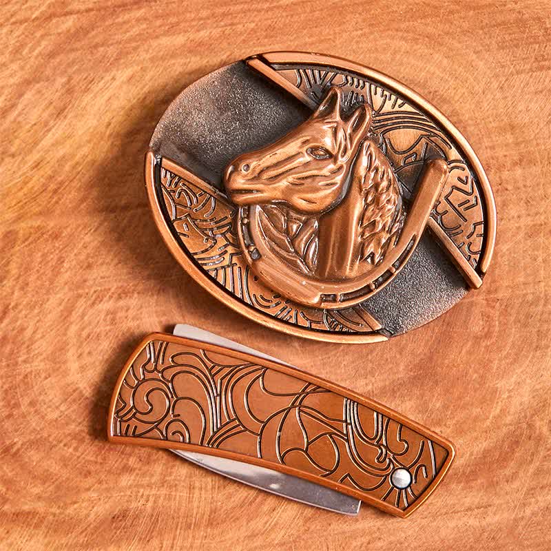 Cinturón de cuero con cuchillo plegable oculto con cabeza de caballo de bronce rojo para hombre - image 4