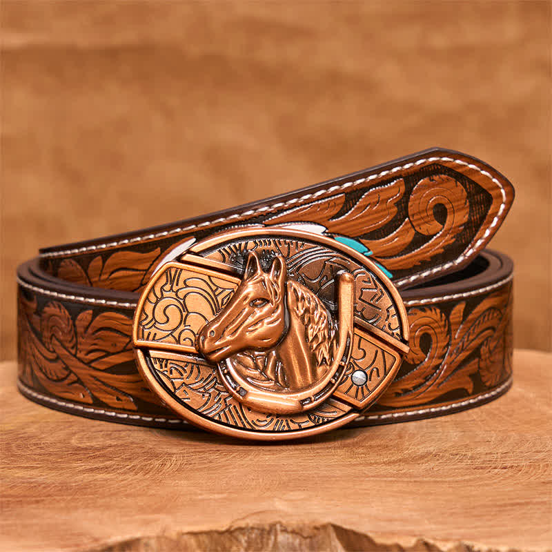 Cinturón de cuero con cuchillo plegable oculto con cabeza de caballo de bronce rojo para hombre - Serpiente - Cinturón de plumas marrones - 40 - image 10