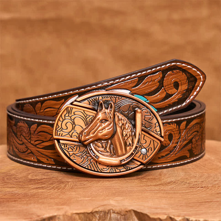 Cinturón de cuero con cuchillo plegable oculto con cabeza de caballo de bronce rojo para hombre - Serpiente - Cinturón de plumas marrones - 40 - image 10
