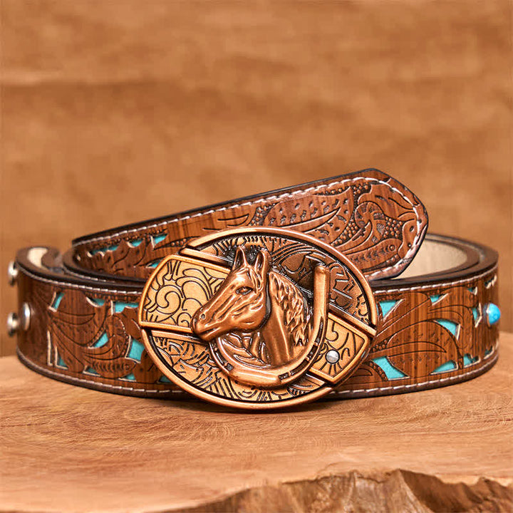 Cinturón de cuero con cuchillo plegable oculto con cabeza de caballo de bronce rojo para hombre - Serpiente - Cinturón tallado en turquesa - 42 - image 6