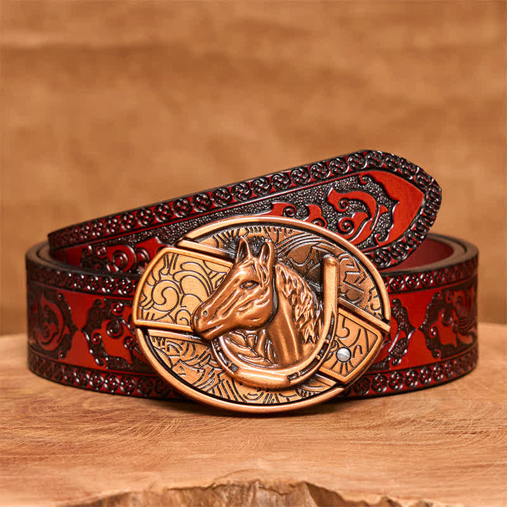 Cinturón de cuero con cuchillo plegable oculto con cabeza de caballo de bronce rojo para hombre - Serpiente - Cinturón tallado marrón - 42 - image 8