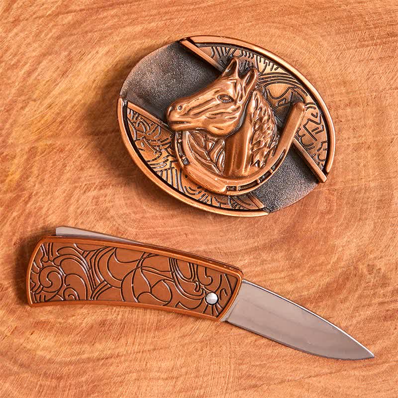 Cinturón de cuero con cuchillo plegable oculto con cabeza de caballo de bronce rojo para hombre - image 2