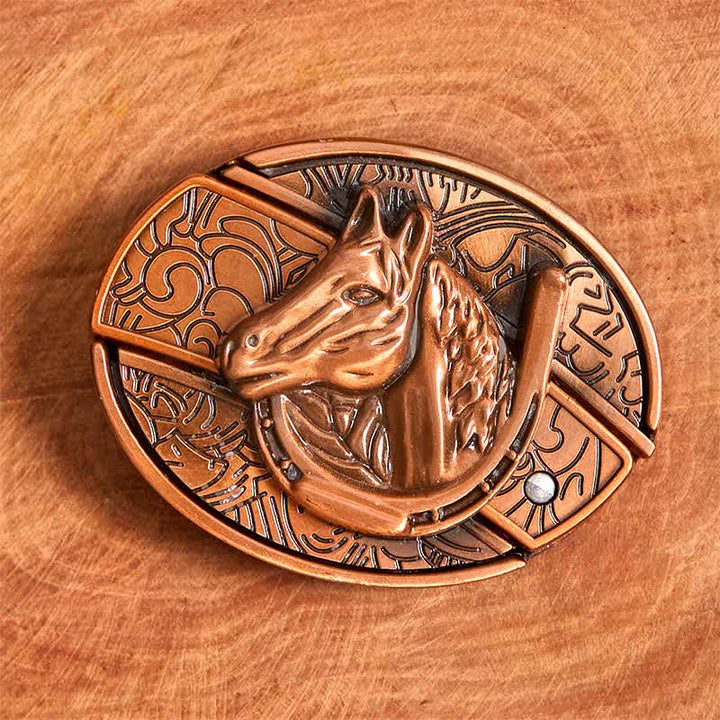 Cinturón de cuero con cuchillo plegable oculto con cabeza de caballo de bronce rojo para hombre - image 3