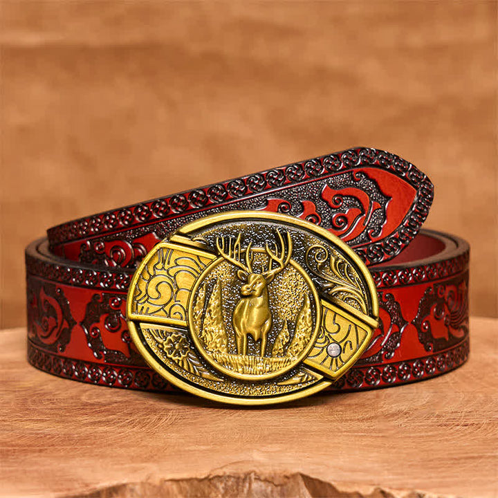 Cinturón de cuero con cuchillo plegable oculto de ciervo del bosque de bronce para hombre - Ciervo - Cinturón tallado marrón - 42 - image 8