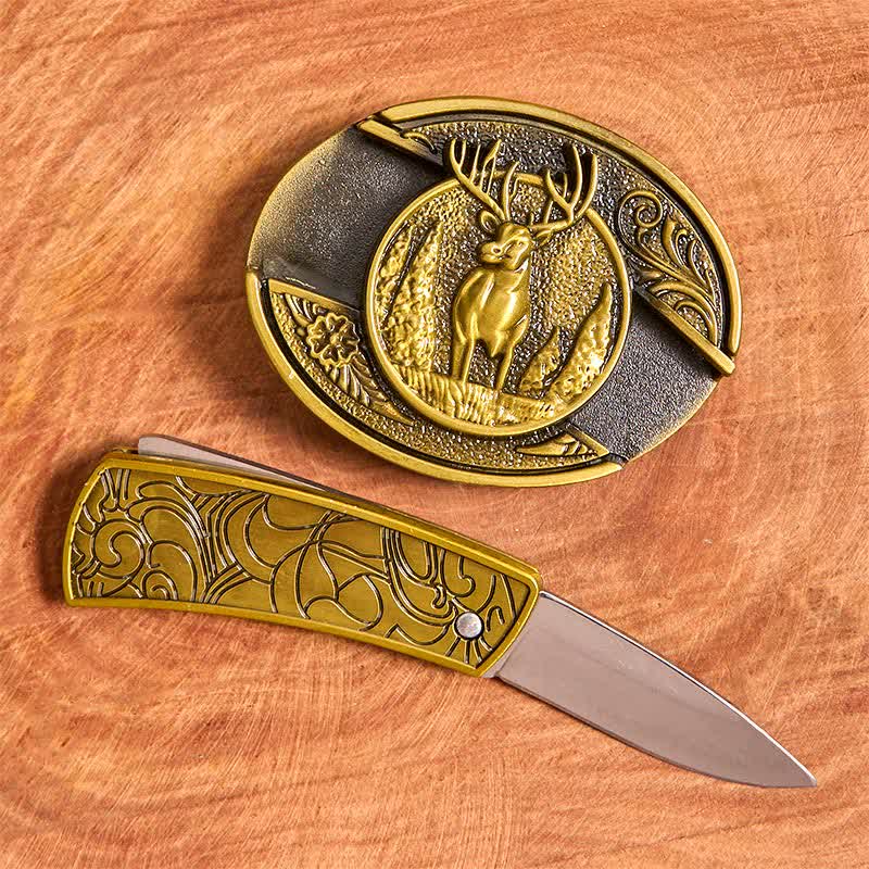 Cinturón de cuero con cuchillo plegable oculto de ciervo del bosque de bronce para hombre - image 2