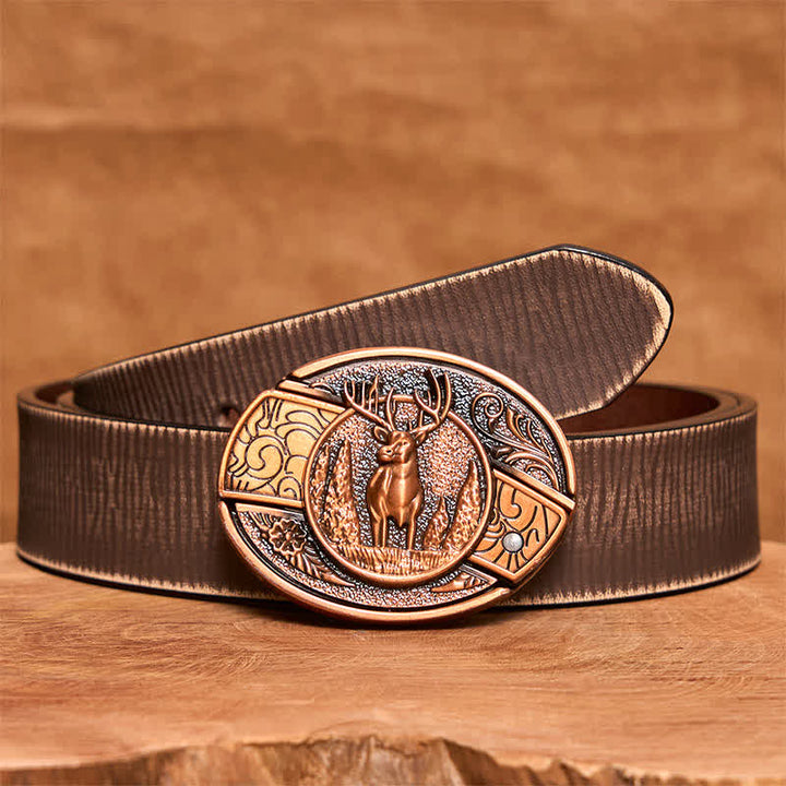 Cinturón de cuero con cuchillo plegable oculto de ciervo del bosque de bronce rojo para hombre - Ciervo - Cinturón marrón desgastado - 42 - image 9