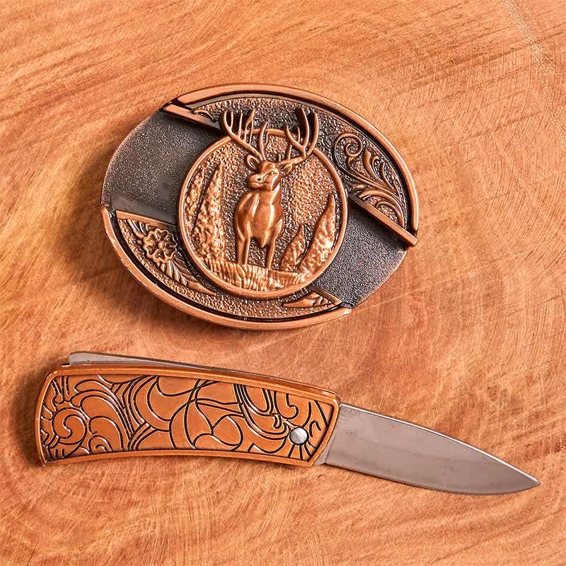 Cinturón de cuero con cuchillo plegable oculto de ciervo del bosque de bronce rojo para hombre - image 2