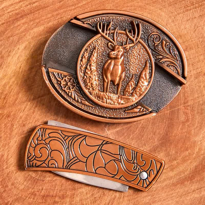 Cinturón de cuero con cuchillo plegable oculto de ciervo del bosque de bronce rojo para hombre - image 4