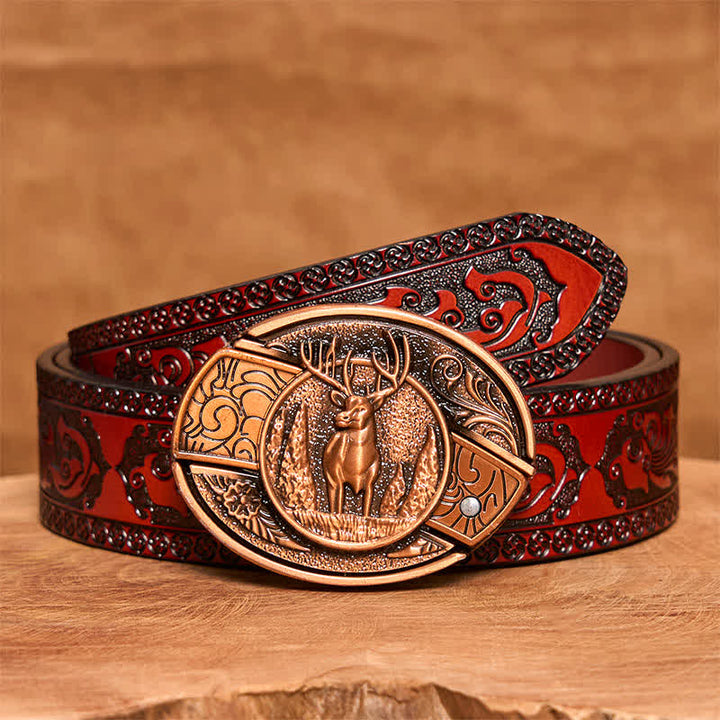 Cinturón de cuero con cuchillo plegable oculto de ciervo del bosque de bronce rojo para hombre - Ciervo - Cinturón tallado marrón - 42 - image 8