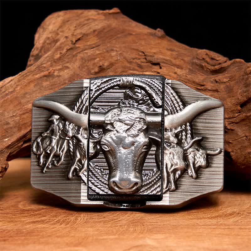 Cinturón de cuero de toro dominante plateado para hombre, hecho a mano, con encendedor oculto - Toro de cuernos largos - Sin cinturón - Cinturón no incluido - image 1