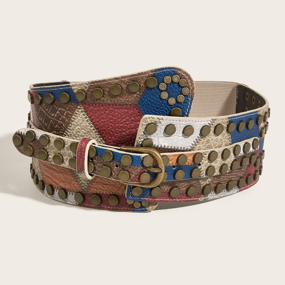 Cinturón de cuero retro con diseño de bola y clavos de cobre antiguos para mujer - Multicolor - image 2
