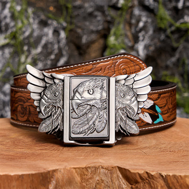 Cinturón de cuero Mighty Eagle plateado para hombre con encendedor oculto, hecho a mano - Águila - Cinturón de plumas marrones - 40 - image 11