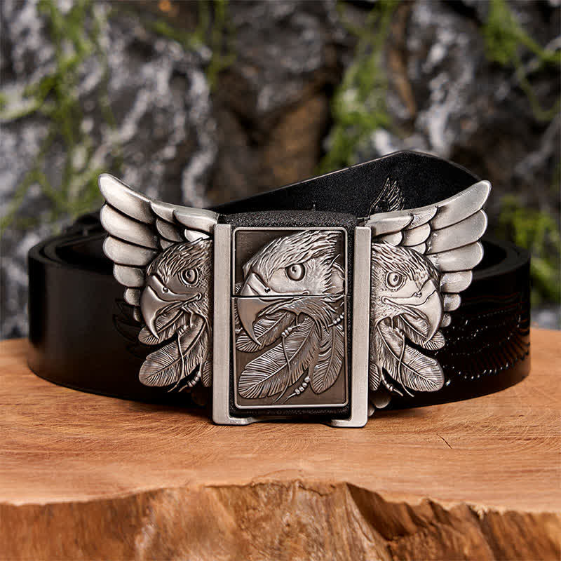 Cinturón de cuero Mighty Eagle plateado para hombre con encendedor oculto, hecho a mano - Águila - Cinturón de águila negra en relieve - 42 - image 3