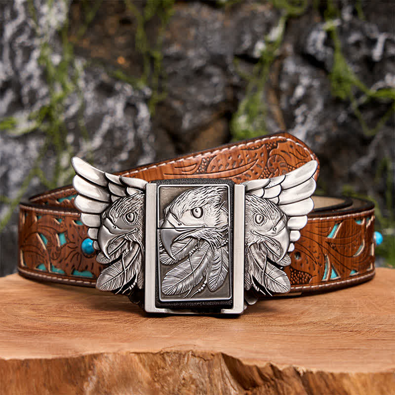 Cinturón de cuero Mighty Eagle plateado para hombre con encendedor oculto, hecho a mano - Águila - Cinturón tallado en turquesa - 42 - image 7