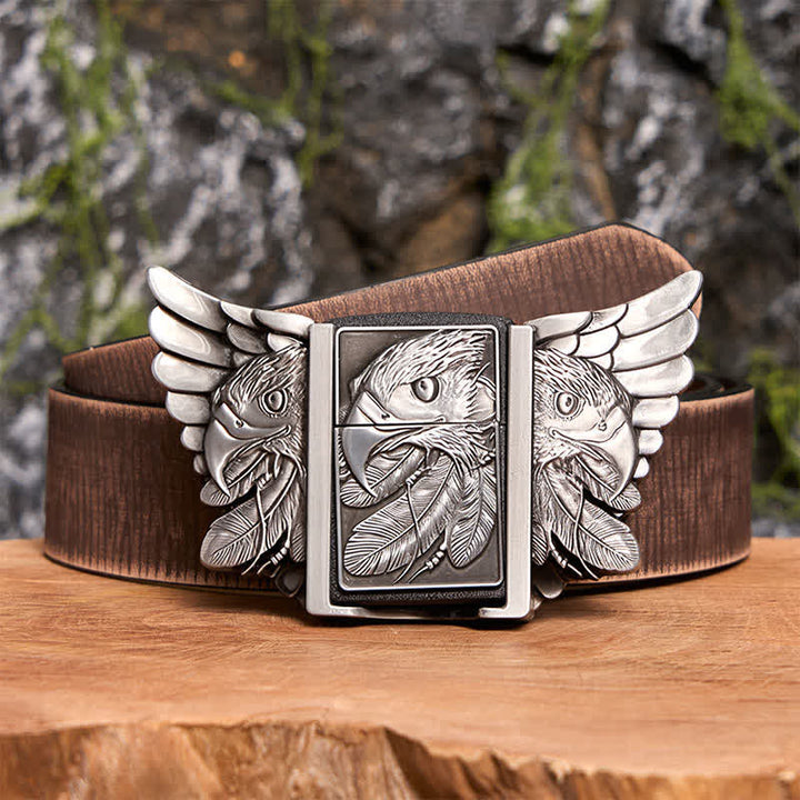 Cinturón de cuero Mighty Eagle plateado para hombre con encendedor oculto, hecho a mano - Águila - Cinturón marrón desgastado - 42 - image 9