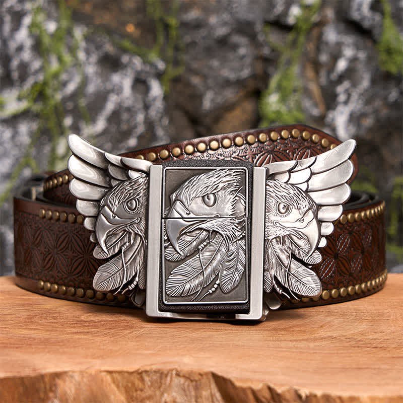 Cinturón de cuero Mighty Eagle plateado para hombre con encendedor oculto, hecho a mano - Águila - Cinturón con remaches marrones - 42 - image 8