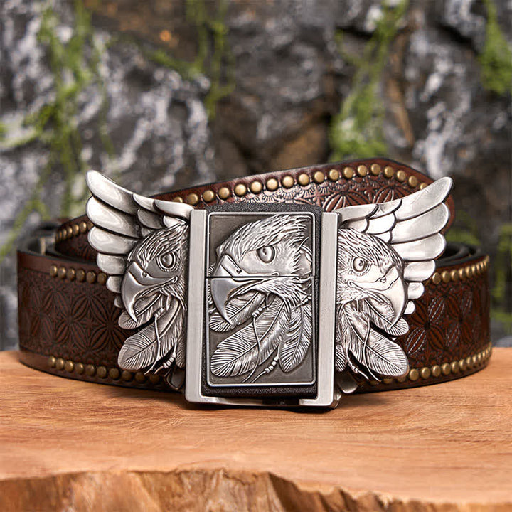 Cinturón de cuero Mighty Eagle plateado para hombre con encendedor oculto, hecho a mano - Águila - Cinturón con remaches marrones - 42 - image 8