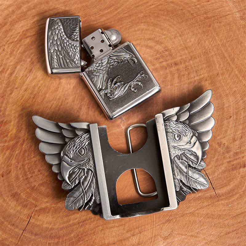 Cinturón de cuero con águila en vuelo plateada para hombre, con encendedor oculto, hecho a mano - image 6