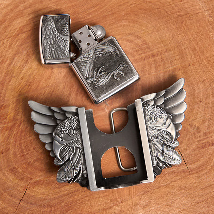 Cinturón de cuero con águila en vuelo plateada para hombre, con encendedor oculto, hecho a mano - image 6
