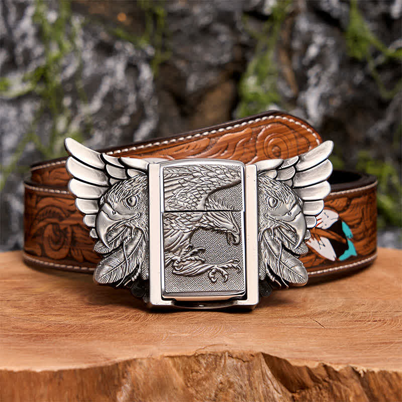 Cinturón de cuero con águila en vuelo plateada para hombre, con encendedor oculto, hecho a mano - Águila en vuelo - Cinturón de plumas marrones - 40 - image 11