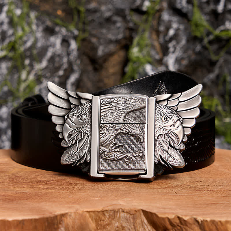 Cinturón de cuero con águila en vuelo plateada para hombre, con encendedor oculto, hecho a mano - Águila en vuelo - Cinturón de águila negra en relieve - 42 - image 3