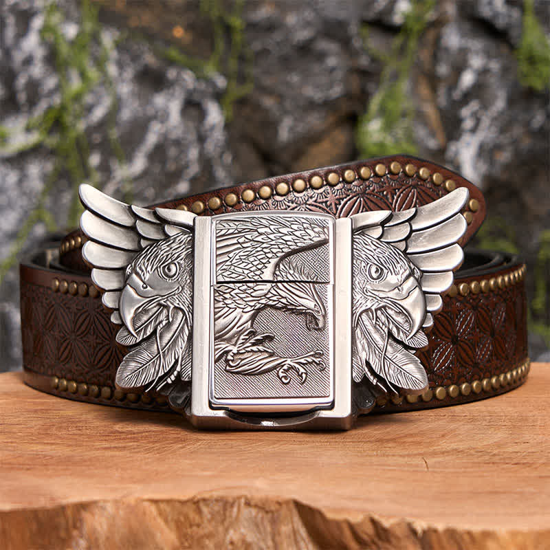 Cinturón de cuero con águila en vuelo plateada para hombre, con encendedor oculto, hecho a mano - Águila en vuelo - Cinturón con remaches marrones - 42 - image 8